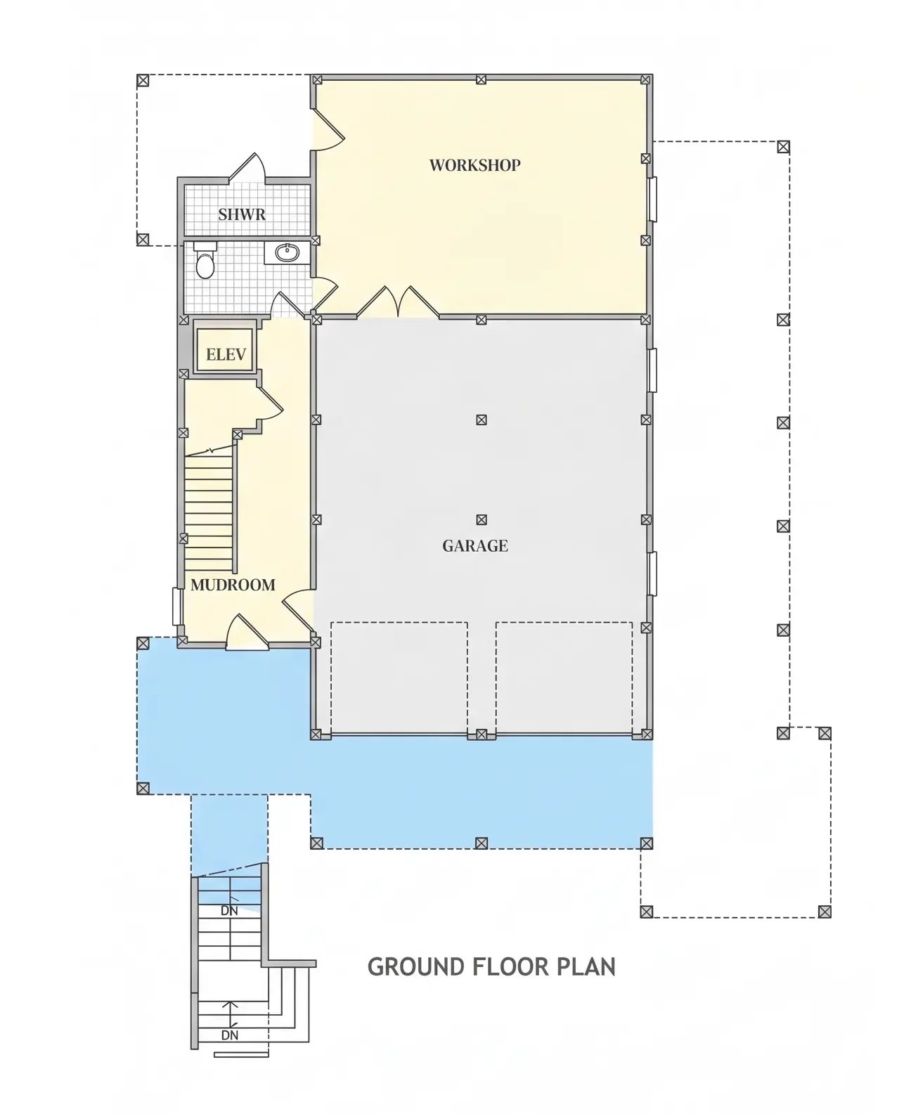 Subsol 7 – Proiect de casa cu 2 etaje 379 m²: 3 Dormitoare, Birou, 6 Bai, Bucatarie deschisa, Garaj — 85789R