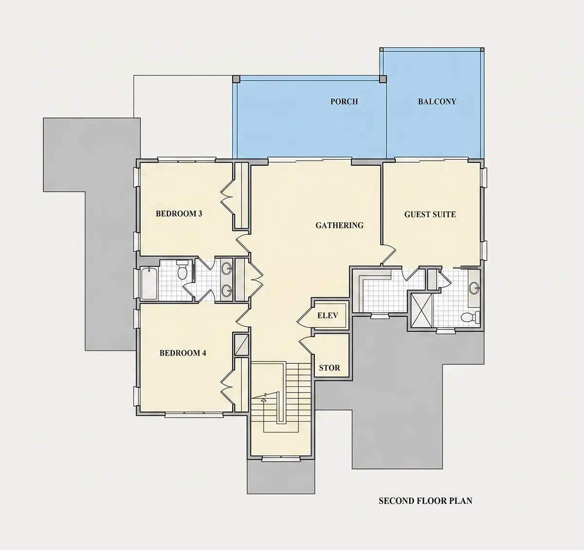 Etaj 1 9 – Proiect de casa cu 2 etaje 382 m²: 4 Dormitoare, Birou, 4 Bai, Bucatarie deschisa, Garaj — 24376R