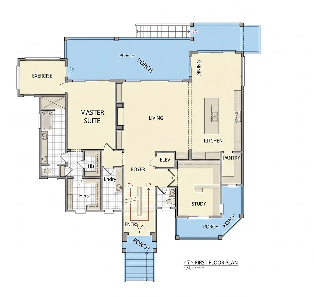 Parter 8 – Proiect de casa cu 2 etaje 382 m²: 4 Dormitoare, Birou, 4 Bai, Bucatarie deschisa, Garaj — 24376R