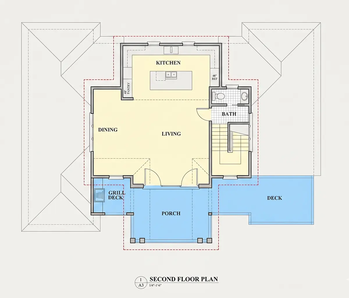 Etaj 1 8 – Proiect de casa cu 2 etaje 275 m²: 3 Dormitoare, 3 Bai, Bucatarie deschisa, Garaj — 92647R