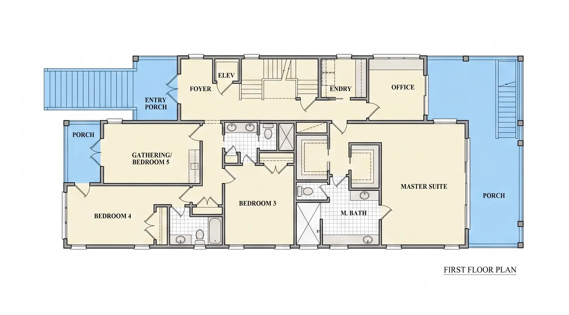 Parter 31 – Proiect de casa cu 2 etaje 446 m²: 5 Dormitoare, Birou, 6 Bai, Bucatarie deschisa, Garaj — 96183R