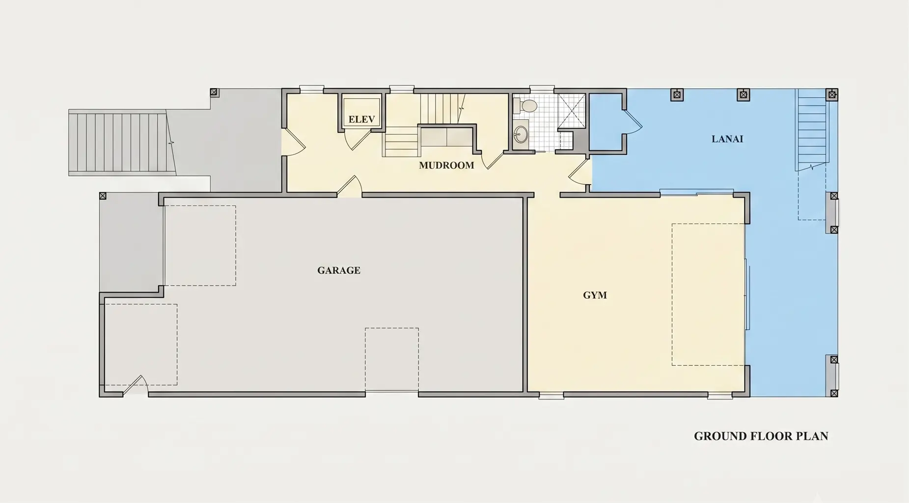 Subsol 30 – Proiect de casa cu 2 etaje 446 m²: 5 Dormitoare, Birou, 6 Bai, Bucatarie deschisa, Garaj — 96183R