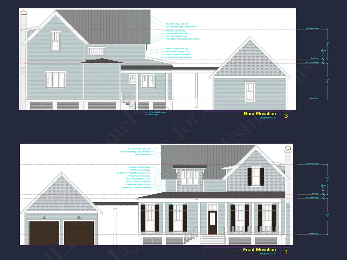Fațade 6 – Proiect de casa cu etaj 275 m²: 3 Dormitoare, Birou, 5 Bai, Bucatarie deschisa, Garaj — 85873R