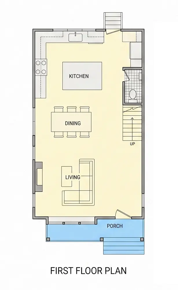 Parter 8 – Proiect de casa cu 2 etaje 200 m²: 3 Dormitoare, Birou, 3 Bai, Bucatarie deschisa, fara Garaj — 94090R