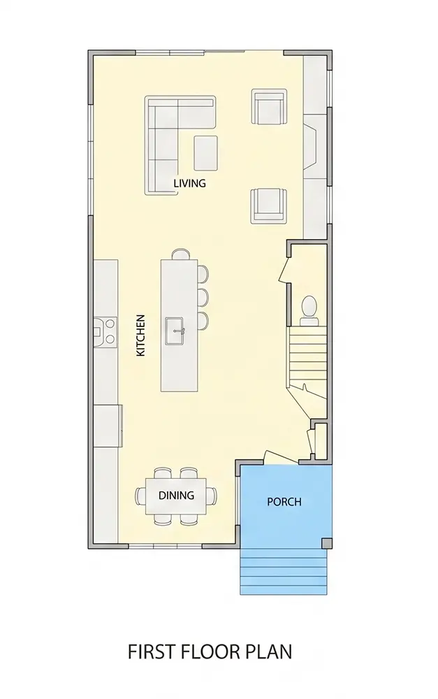 Parter 9 – Proiect de casa cu 2 etaje 209 m²: 3 Dormitoare, Birou, 4 Bai, Bucatarie deschisa, fara Garaj — 24064R