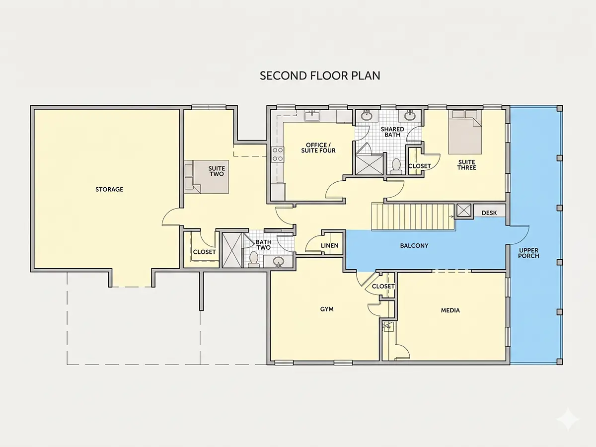 Etaj 1 10 – Proiect de casa cu etaj 384 m²: 3 Dormitoare, 4 Bai, Garaj — 61518R