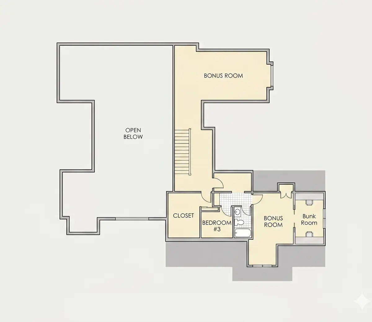 Etaj 1 11 – Proiect de casa parter cu mansardă 252 m²: 2 Dormitoare, Birou, 5 Bai, Bucatarie deschisa, Garaj — 77130R