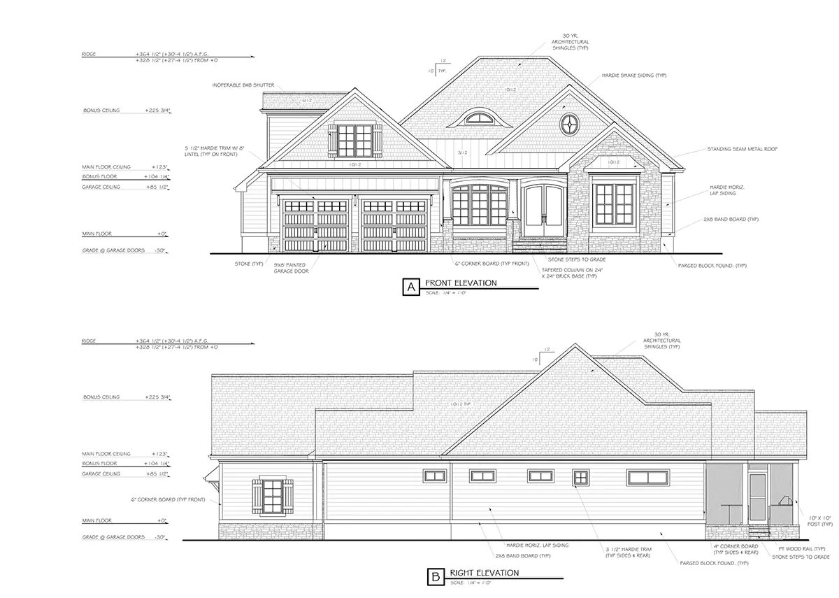 Fațade 8 – Proiect de casa parter cu mansardă 252 m²: 2 Dormitoare, Birou, 5 Bai, Bucatarie deschisa, Garaj — 77130R