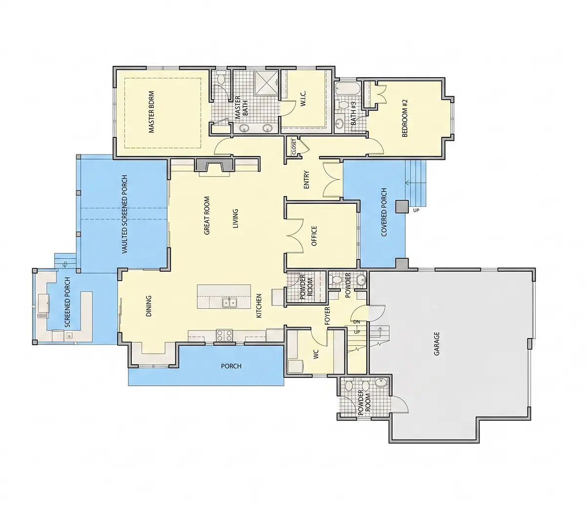Parter 10 – Proiect de casa parter cu mansardă 252 m²: 2 Dormitoare, Birou, 5 Bai, Bucatarie deschisa, Garaj — 77130R