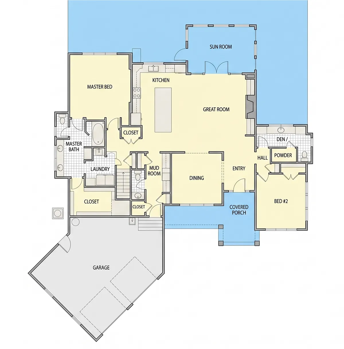Parter 6 – Proiect de casa parter cu mansardă 263 m²: 4 Dormitoare, 4 Bai, Bucatarie deschisa, Garaj — 44273R