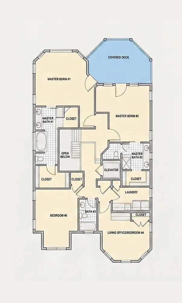 Etaj 1 15 – Proiect de casa cu 2 etaje 355 m²: 4 Dormitoare, Birou, 4 Bai, Bucatarie deschisa, Garaj — 13825R