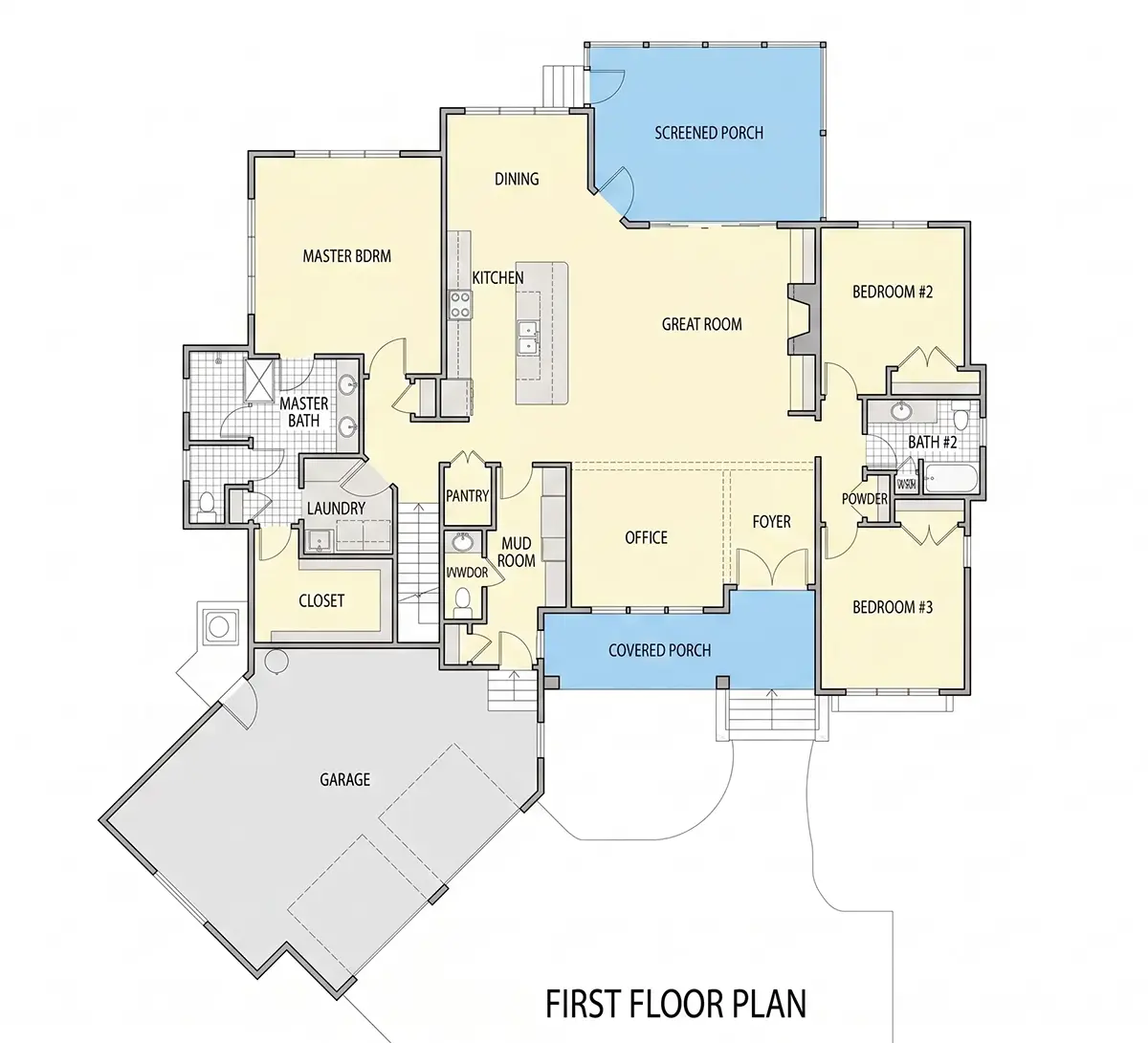 Parter 18 – Proiect de casa parter cu mansardă 270 m²: 3 Dormitoare, Birou, 4 Bai, Bucatarie deschisa, Garaj — 39461R