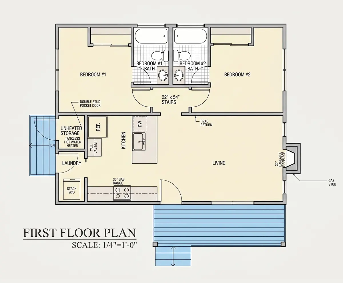 Parter 6 – Proiect de casa parter 70 m²: 2 Dormitoare, 2 Bai, Bucatarie deschisa, fara Garaj — 10449R