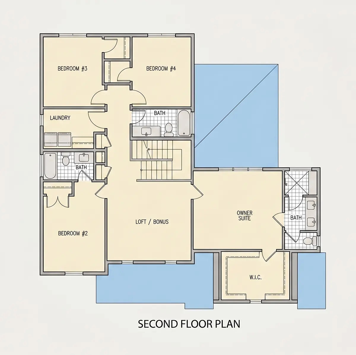 Etaj 1 9 – Proiect de casa cu etaj 246 m²: 4 Dormitoare, Birou, 4 Bai, Bucatarie deschisa, Garaj — 14228R