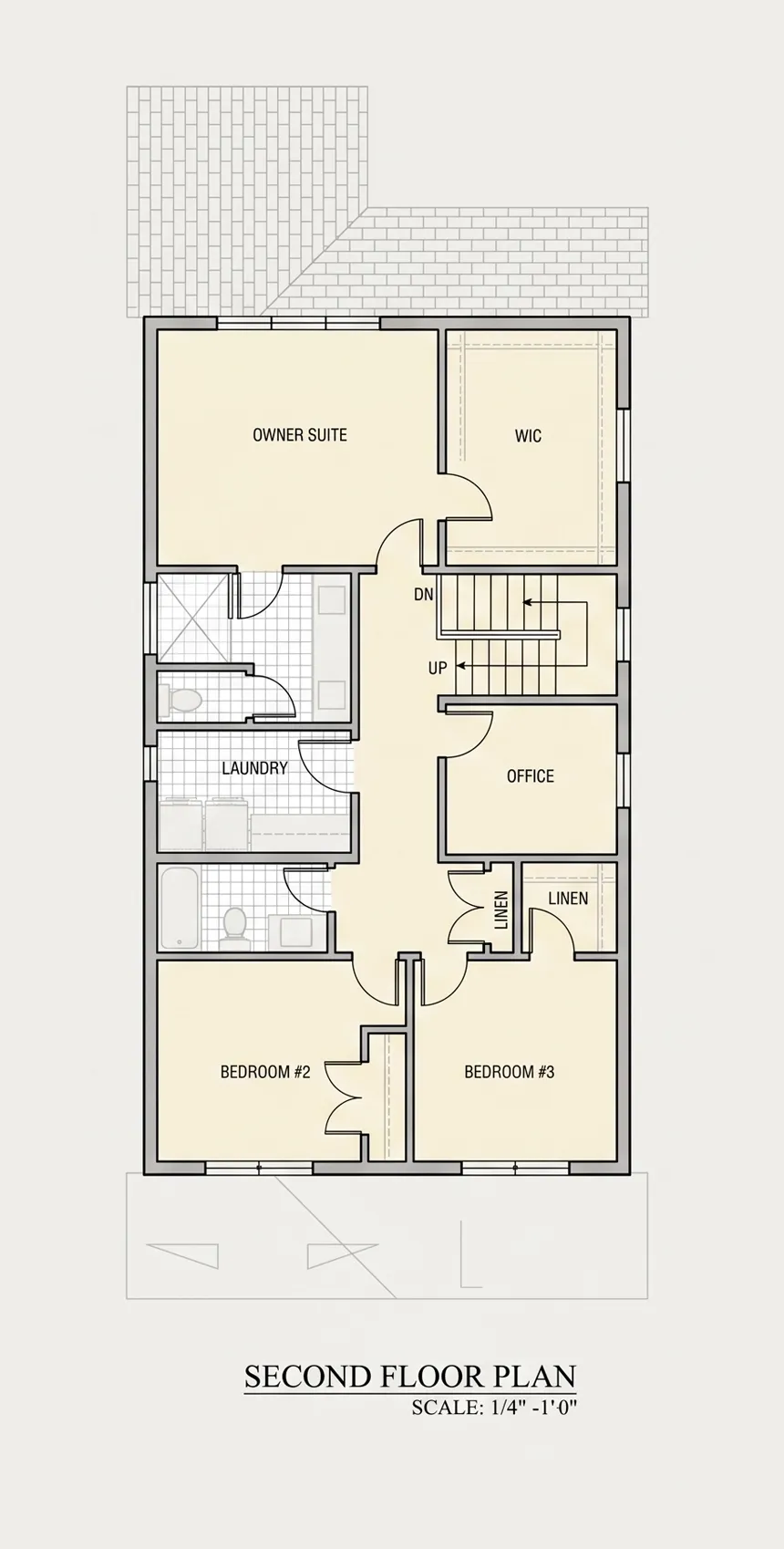 Etaj 1 11 – Proiect de casa cu etaj + demisol 274 m²: 4 Dormitoare, Birou, 4 Bai, Bucatarie deschisa, Garaj — 57702R