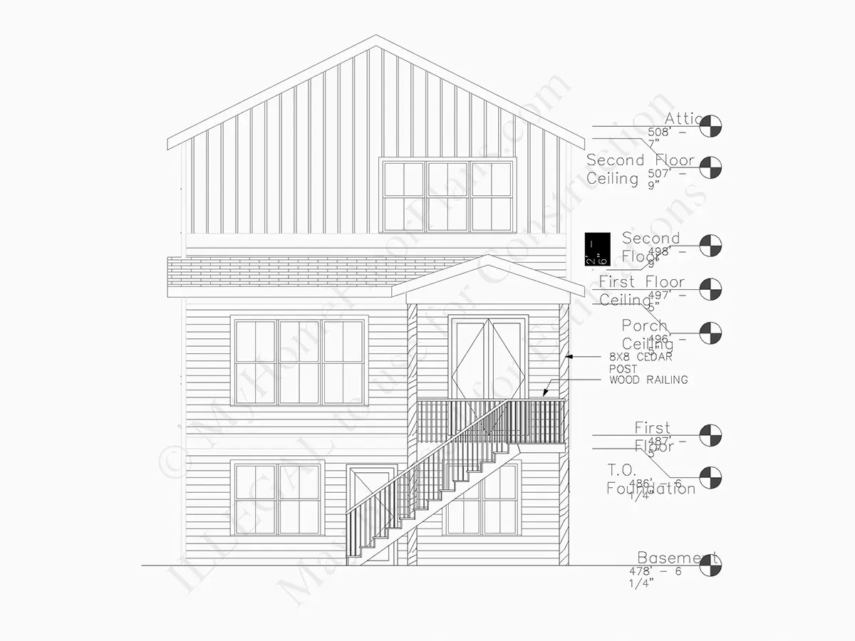 Fațade 6 – Proiect de casa cu etaj + demisol 274 m²: 4 Dormitoare, Birou, 4 Bai, Bucatarie deschisa, Garaj — 57702R