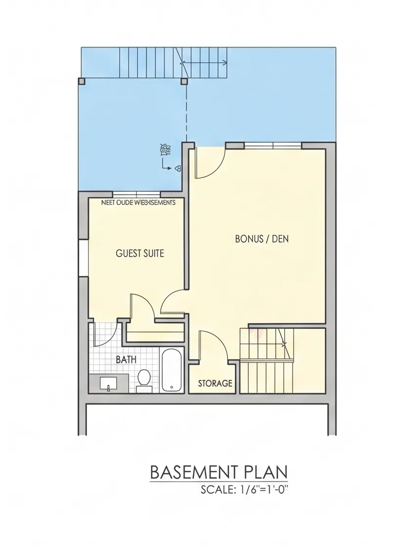 Subsol 9 – Proiect de casa cu etaj + demisol 274 m²: 4 Dormitoare, Birou, 4 Bai, Bucatarie deschisa, Garaj — 57702R