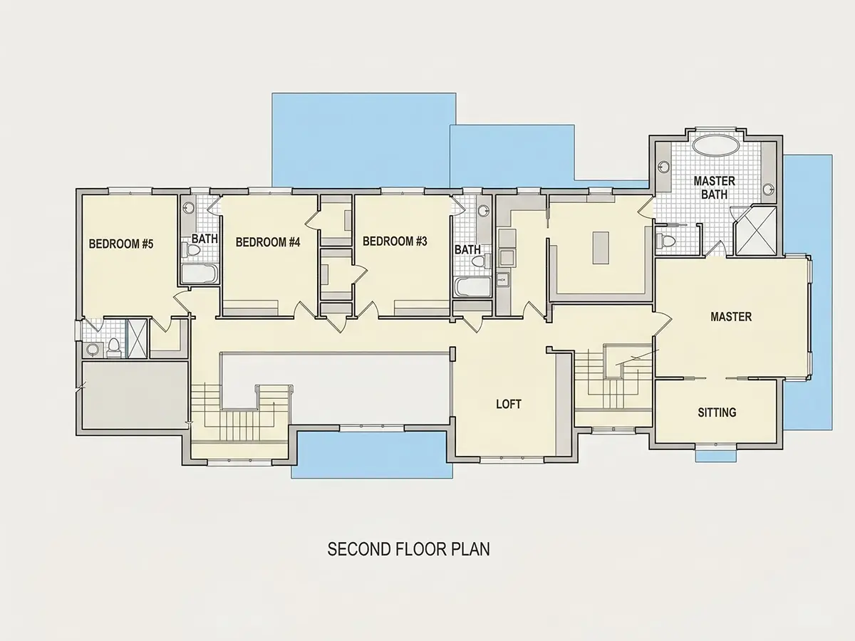 Etaj 1 10 – Proiect de casa cu etaj + demisol 632 m²: 5 Dormitoare, Birou, 6 Bai, Bucatarie deschisa, Garaj — 85765R