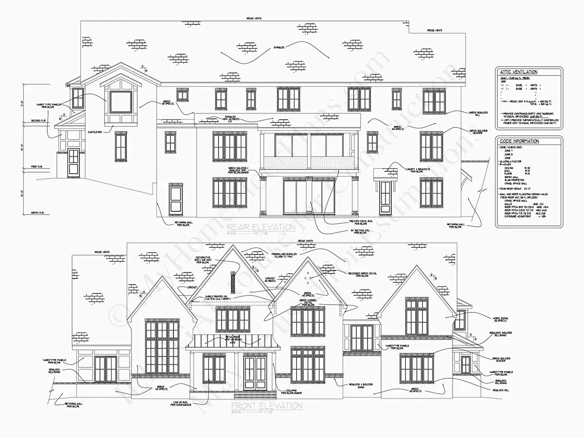 Fațade 6 – Proiect de casa cu etaj + demisol 632 m²: 5 Dormitoare, Birou, 6 Bai, Bucatarie deschisa, Garaj — 85765R