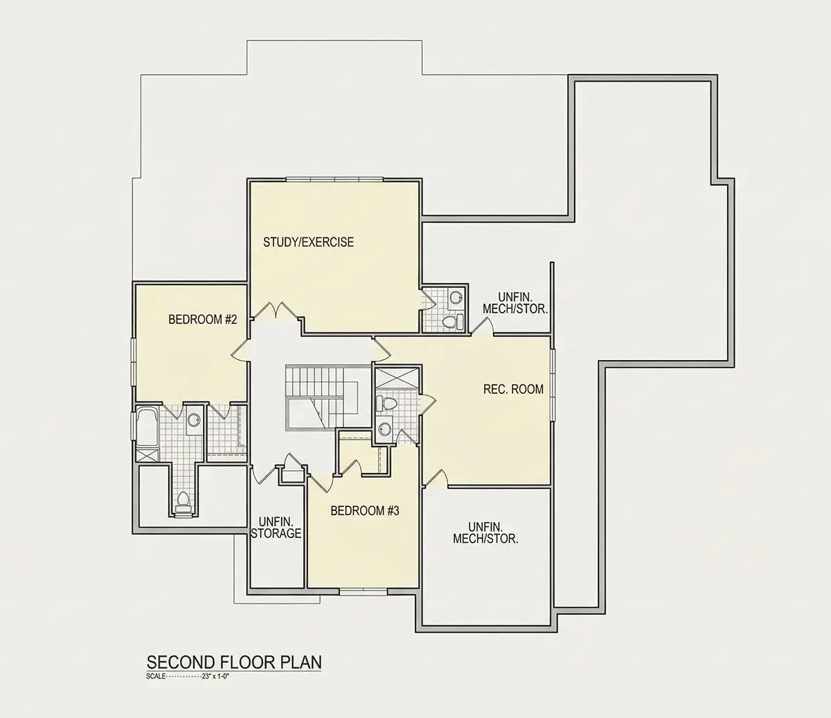 Etaj 1 9 – Proiect de casa parter cu mansardă 379 m²: 4 Dormitoare, Birou, 6 Bai, Bucatarie deschisa, Garaj — 15265R