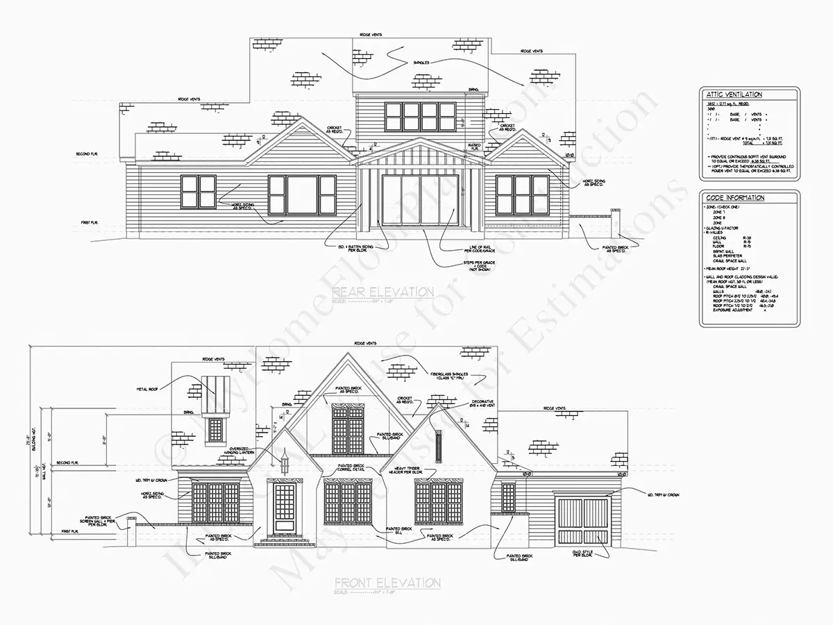 Fațade 6 – Proiect de casa parter cu mansardă 379 m²: 4 Dormitoare, Birou, 6 Bai, Bucatarie deschisa, Garaj — 15265R