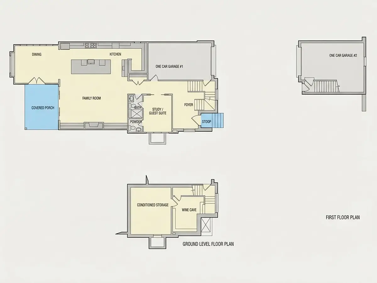 Parter 9 – Proiect de casa cu etaj + demisol 414 m²: 4 Dormitoare, Birou, 6 Bai, Bucatarie deschisa, Garaj — 50387R