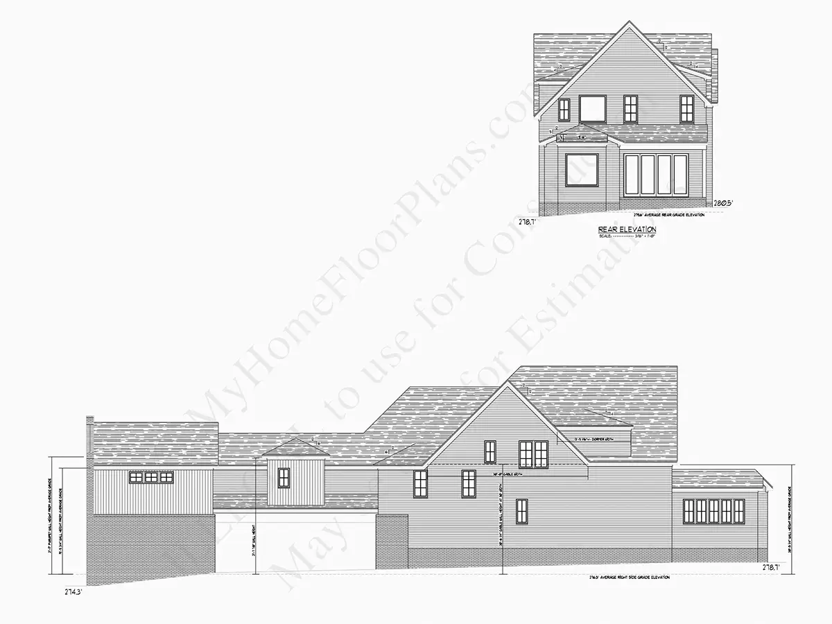Fațade 8 – Proiect de casa cu etaj + demisol 414 m²: 4 Dormitoare, Birou, 6 Bai, Bucatarie deschisa, Garaj — 50387R