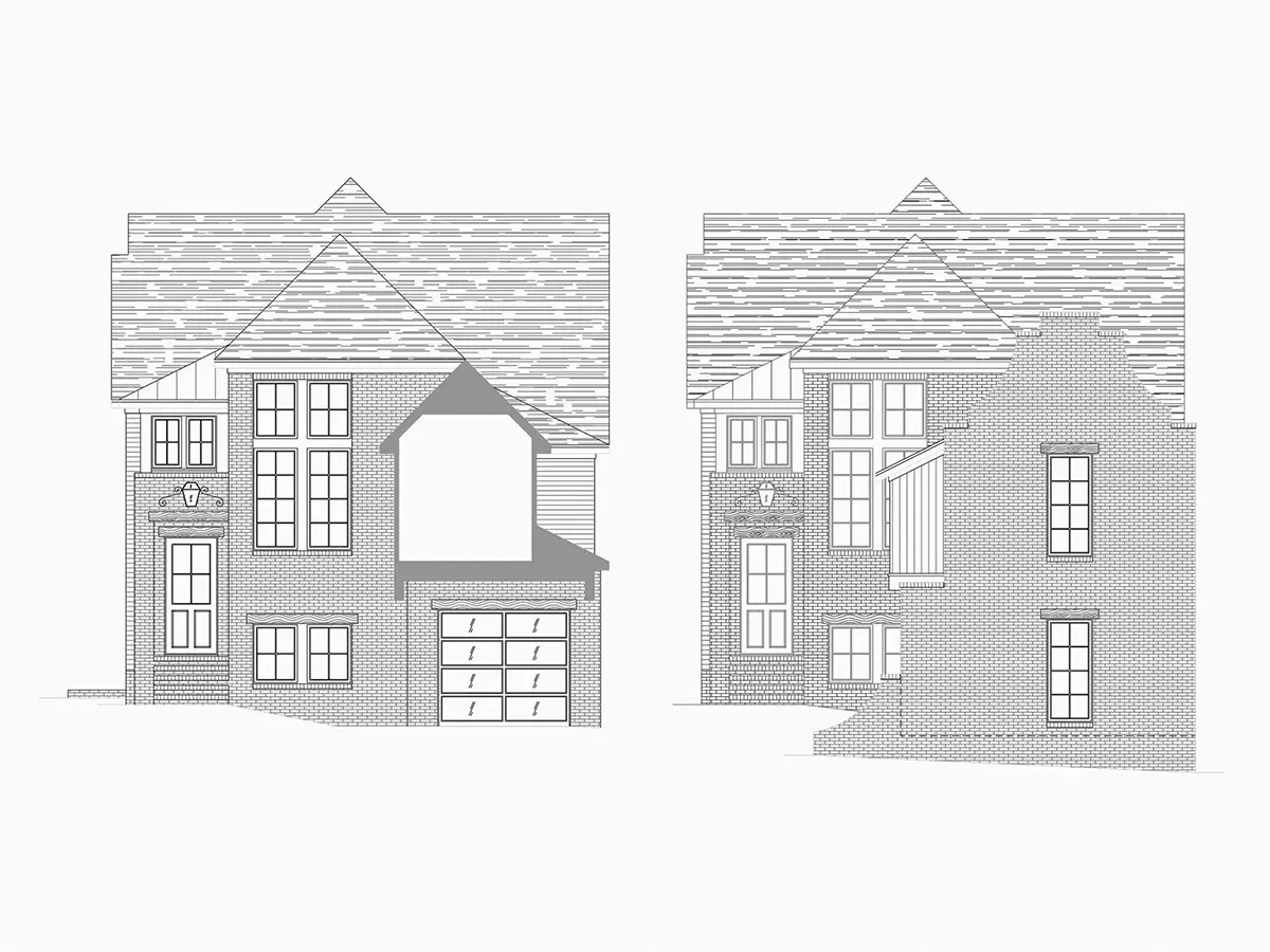 Fațade 6 – Proiect de casa cu etaj + demisol 414 m²: 4 Dormitoare, Birou, 6 Bai, Bucatarie deschisa, Garaj — 50387R