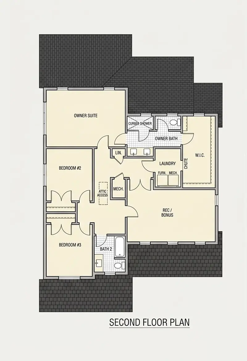 Etaj 1 10 – Proiect de casa cu etaj 240 m²: 3 Dormitoare, Birou, 3 Bai, Bucatarie deschisa, Garaj — 94159R