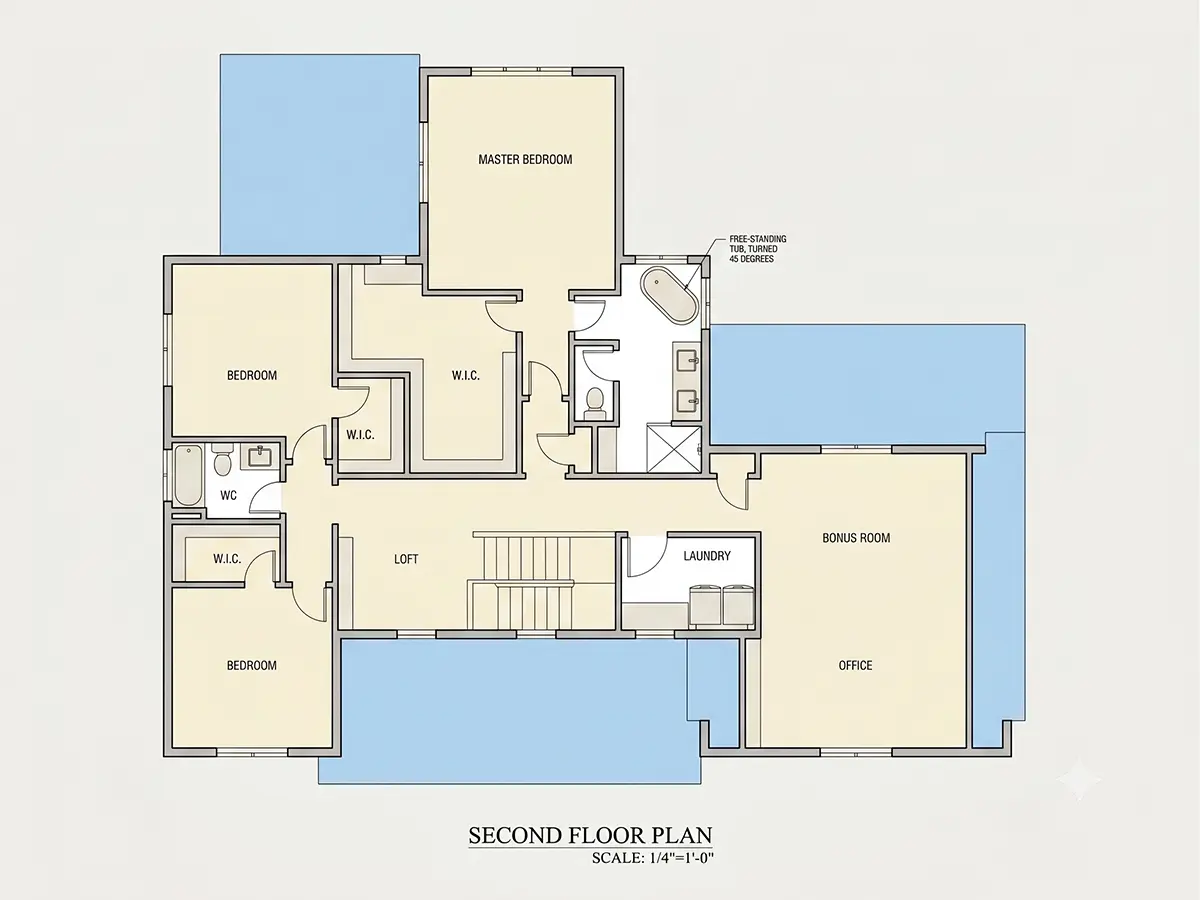 Etaj 1 10 – Proiect de casa cu etaj 356 m²: 4 Dormitoare, 4 Bai, Bucatarie deschisa, Garaj — 13464R