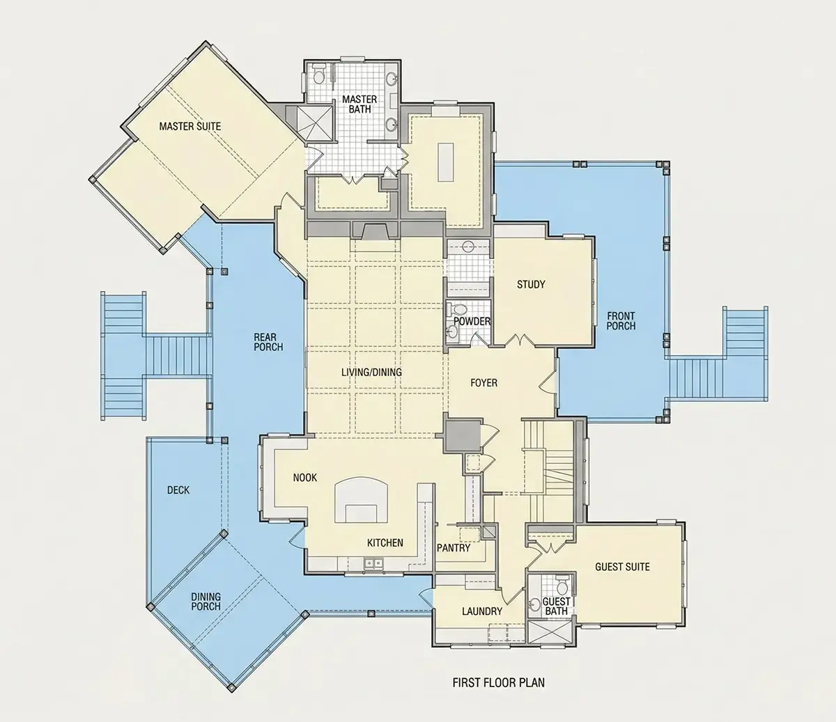 Parter 33 – Proiect de casa cu 2 etaje 585 m²: 5 Dormitoare, Birou, 7 Bai, Bucatarie deschisa, Garaj — 10297R