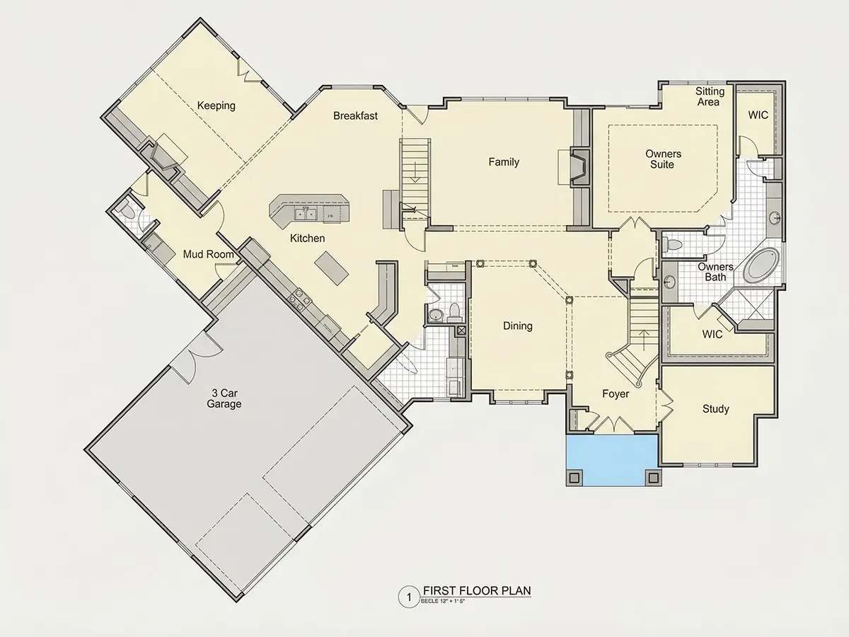 Parter 9 – Proiect de casa cu etaj 497 m²: 4 Dormitoare, Birou, 6 Bai, Bucatarie deschisa, Garaj — 82132R