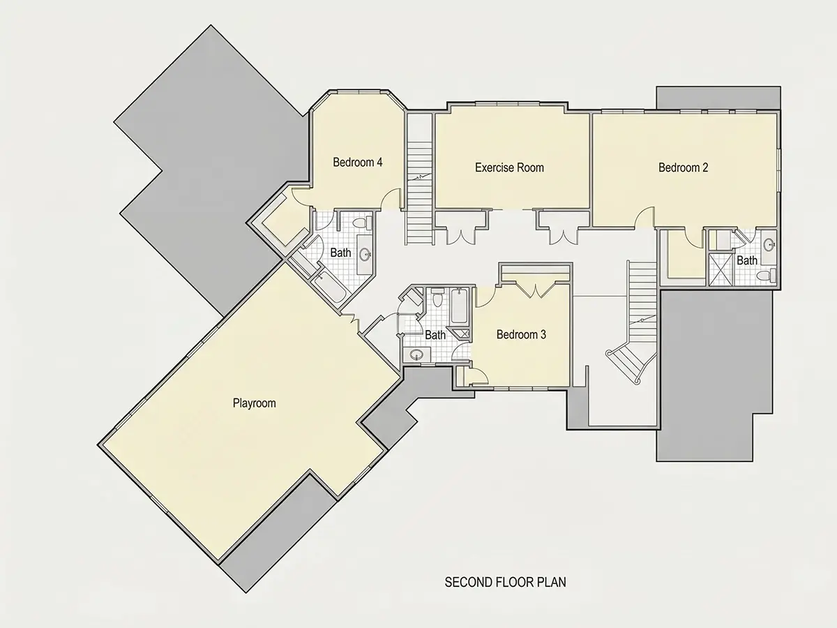 Etaj 1 10 – Proiect de casa cu etaj 497 m²: 4 Dormitoare, Birou, 6 Bai, Bucatarie deschisa, Garaj — 82132R