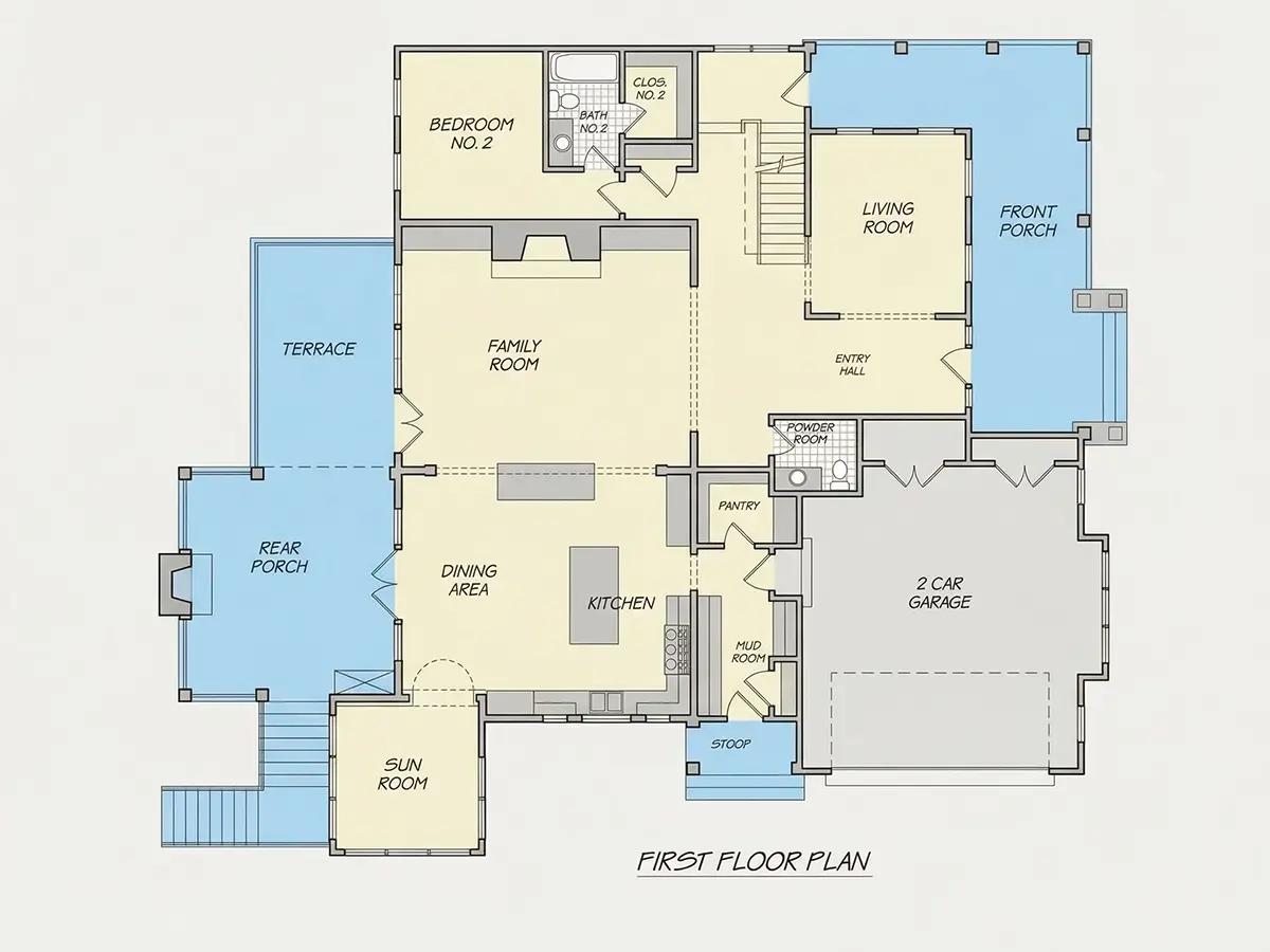Parter 33 – Proiect de casa cu etaj + demisol 630 m²: 6 Dormitoare, 6 Bai, Bucatarie deschisa, Garaj — 59624R