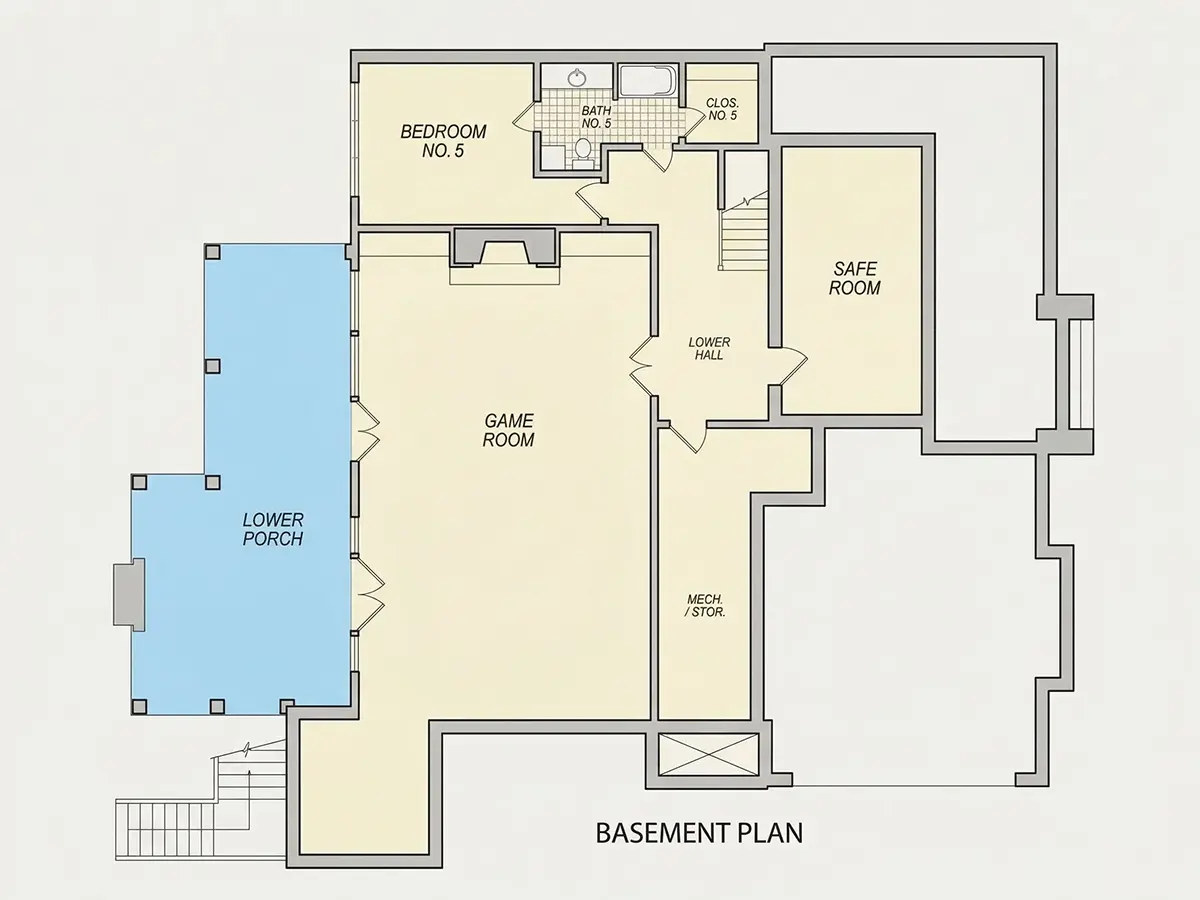 Subsol 32 – Proiect de casa cu etaj + demisol 630 m²: 6 Dormitoare, 6 Bai, Bucatarie deschisa, Garaj — 59624R