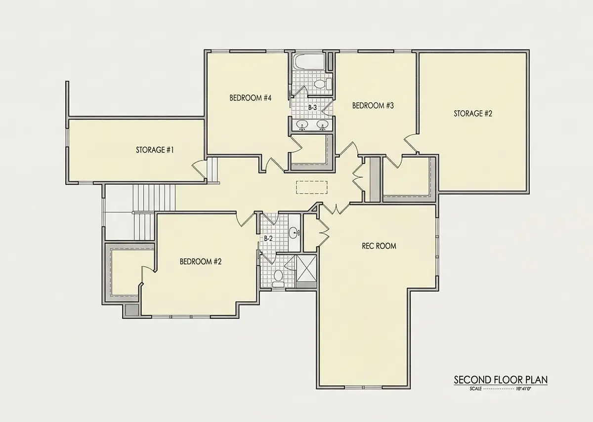 Etaj 1 10 – Proiect de casa cu etaj 384 m²: 4 Dormitoare, Birou, 5 Bai, Bucatarie deschisa, Garaj — 50641R