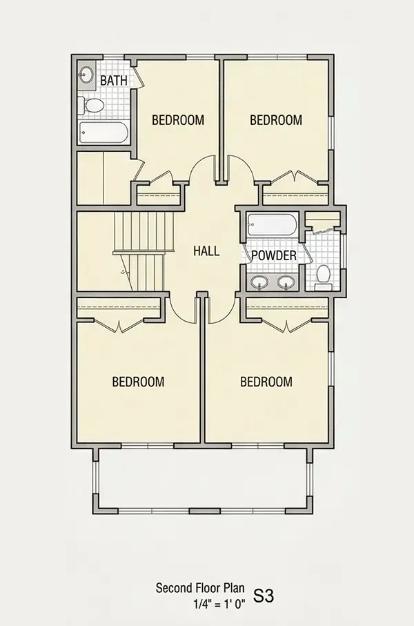Etaj 1 7 – Proiect de casa cu 2 etaje 251 m²: 5 Dormitoare, Birou, 4 Bai, Bucatarie deschisa, fara Garaj — 24322R