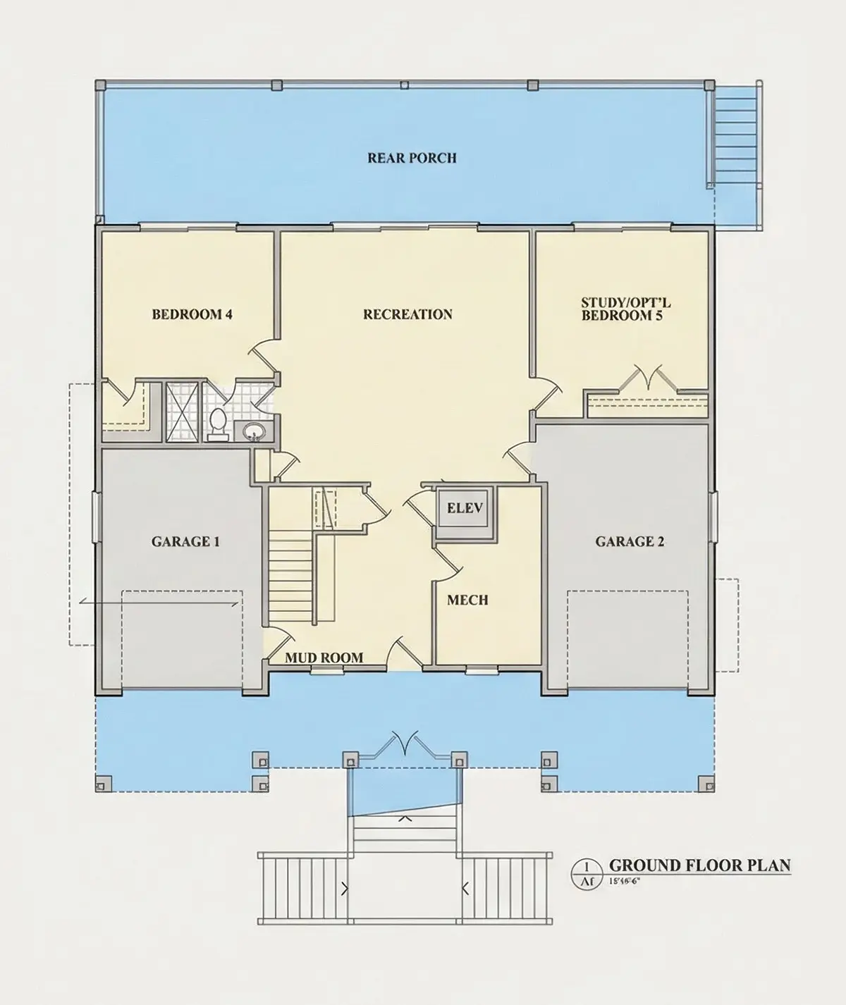 Subsol 8 – Proiect de casa cu 2 etaje 434 m²: 4 Dormitoare, Birou, 4 Bai, Bucatarie deschisa, Garaj — 92833R