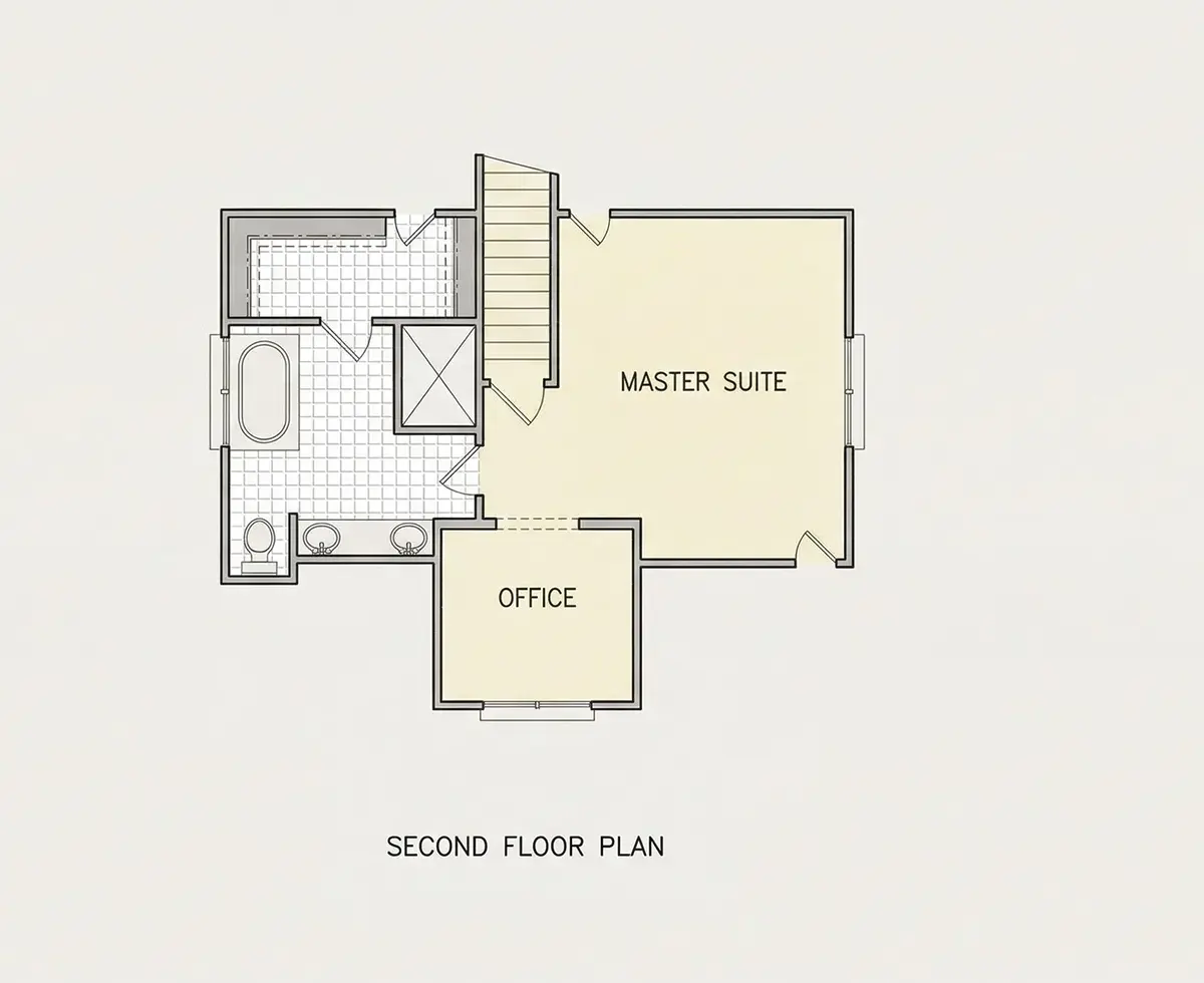 Etaj 1 10 – Proiect de casa cu 2 etaje 158 m²: 3 Dormitoare, Birou, 2 Bai, Bucatarie deschisa, Garaj — 92700R