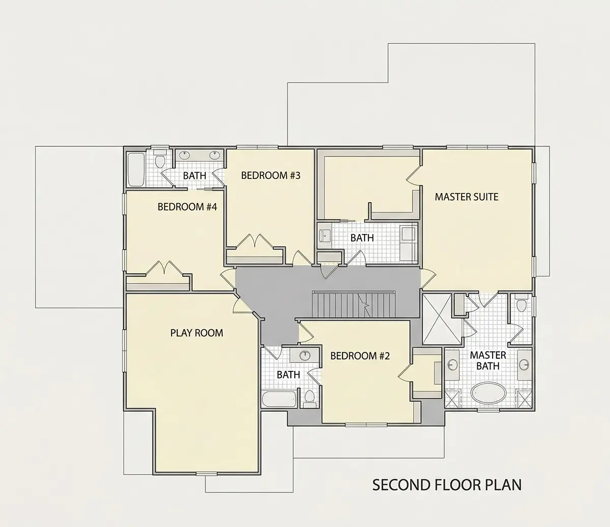 Etaj 1 9 – Proiect de casa cu 2 etaje 372 m²: 5 Dormitoare, Birou, 6 Bai, Bucatarie deschisa, Garaj — 29445R