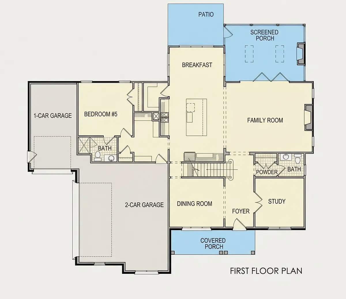 Parter 8 – Proiect de casa cu 2 etaje 372 m²: 5 Dormitoare, Birou, 6 Bai, Bucatarie deschisa, Garaj — 29445R