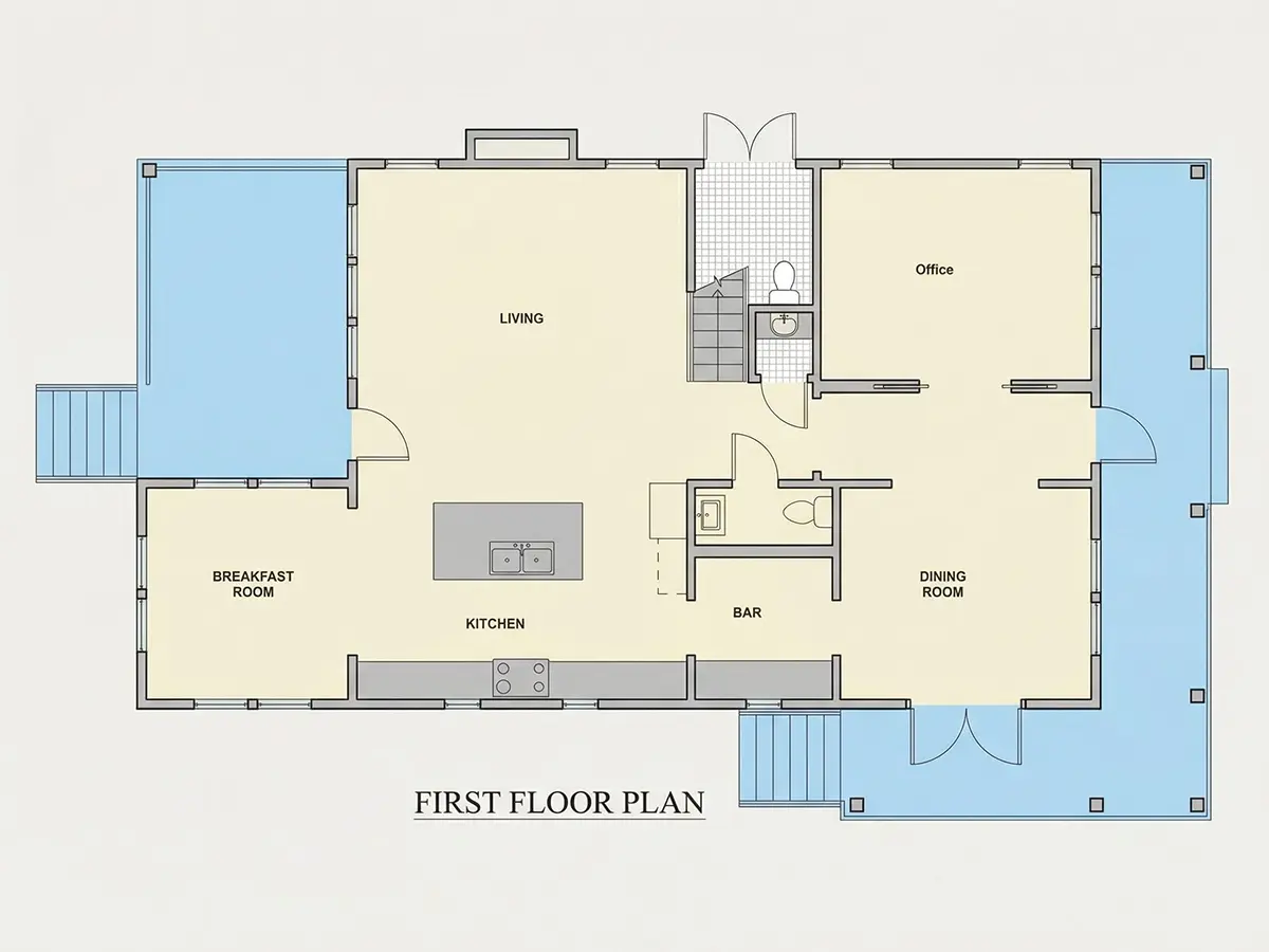 Parter 23 – Proiect de casa cu etaj 246 m²: 3 Dormitoare, Birou, 4 Bai, Bucatarie deschisa, fara Garaj — 39006R