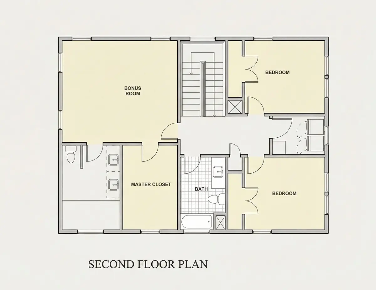 Etaj 1 24 – Proiect de casa cu etaj 246 m²: 3 Dormitoare, Birou, 4 Bai, Bucatarie deschisa, fara Garaj — 39006R