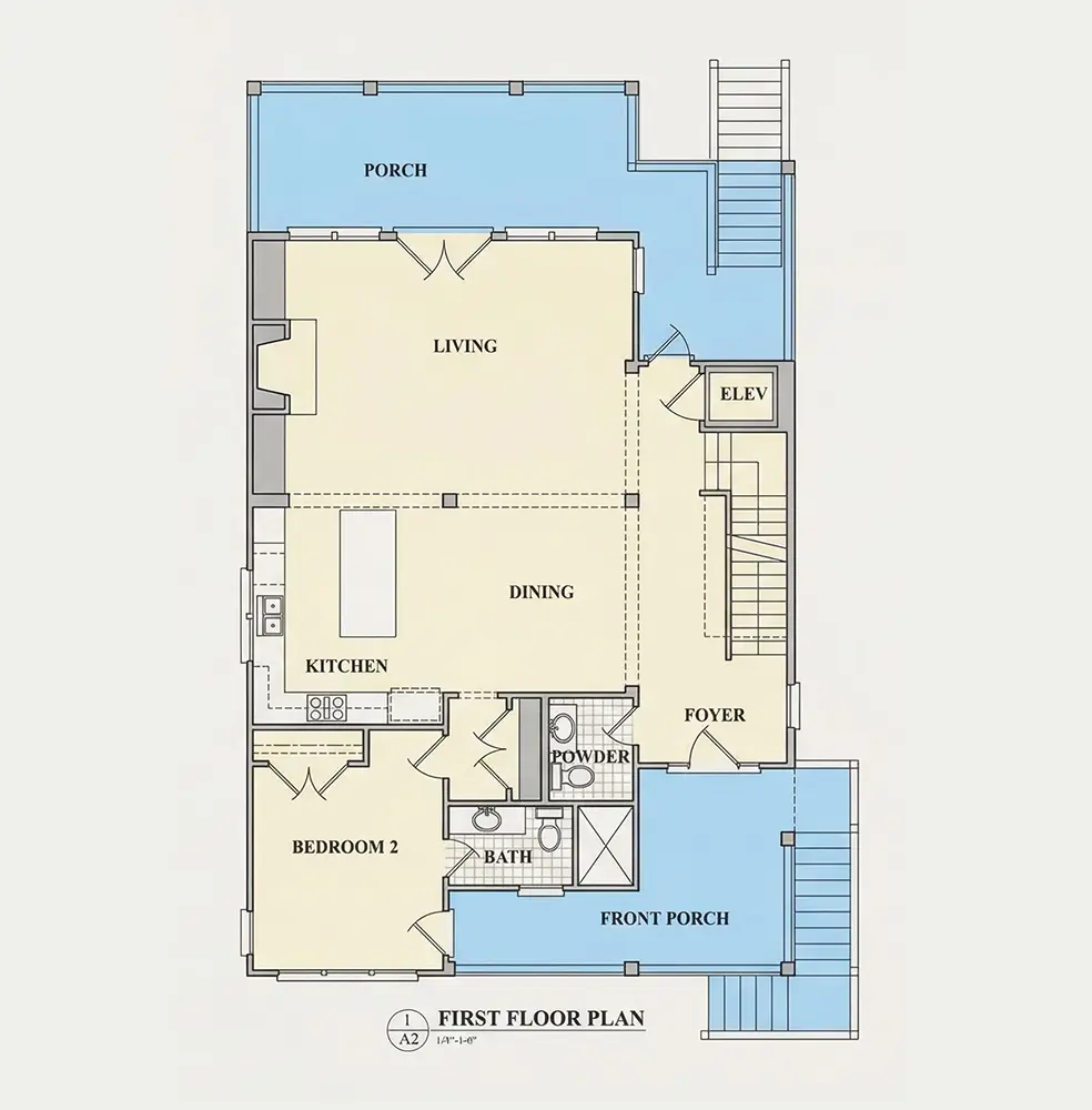 Parter 9 – Proiect de casa cu 2 etaje 259 m²: 4 Dormitoare, 4 Bai, Bucatarie deschisa, Garaj — 70970R