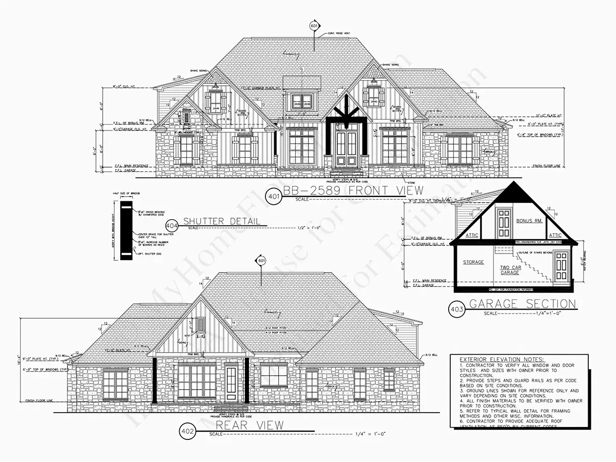 Fațade 16 – Proiect de casa parter cu mansardă 241 m²: 4 Dormitoare, 4 Bai, Bucatarie deschisa, Garaj — 14691R