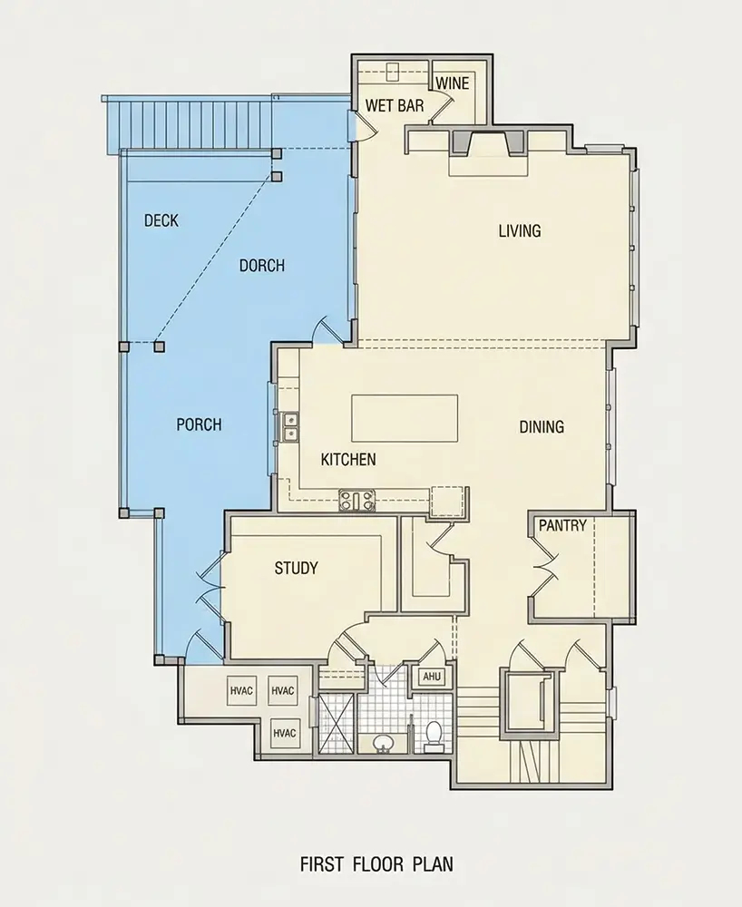 Parter 12 – Proiect de casa cu 2 etaje 213 m²: 4 Dormitoare, Birou, 6 Bai, Bucatarie deschisa, Garaj — 89404R