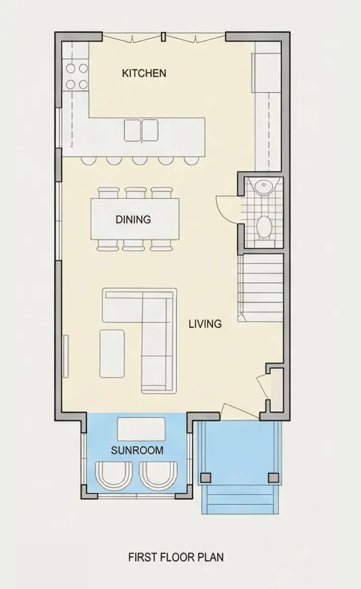 Parter 8 – Proiect de casa cu 2 etaje 158 m²: 3 Dormitoare, 3 Bai, Bucatarie deschisa, fara Garaj — 46831R
