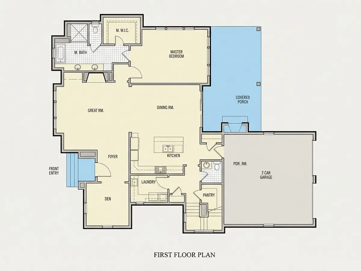Parter 21 – Proiect de casa parter cu mansardă 176 m²: 3 Dormitoare, Birou, 4 Bai, Bucatarie deschisa, Garaj — 91640R
