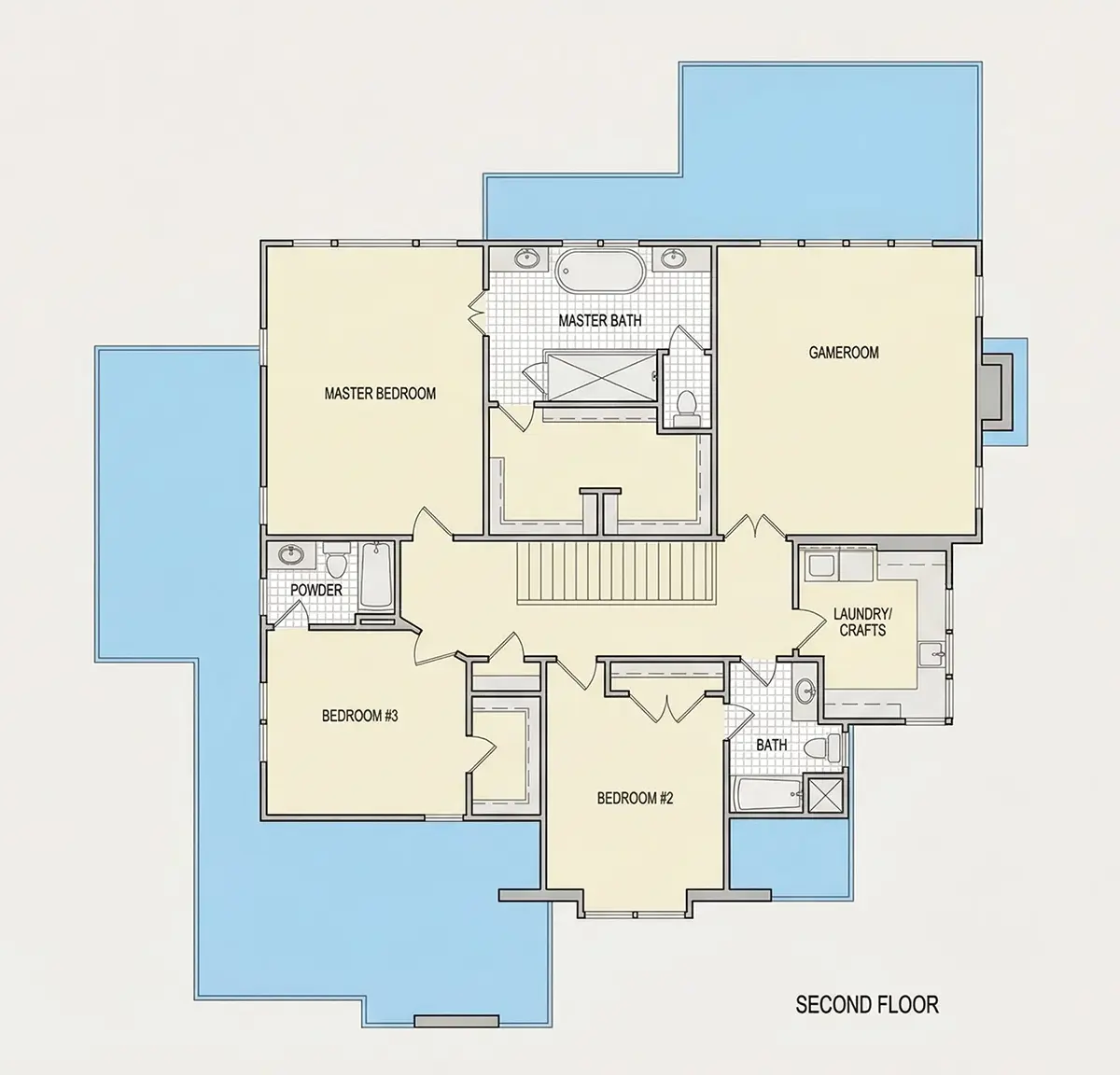 Etaj 1 13 – Proiect de casa cu etaj 334 m²: 4 Dormitoare, Birou, 5 Bai, Bucatarie deschisa, Garaj — 74831R