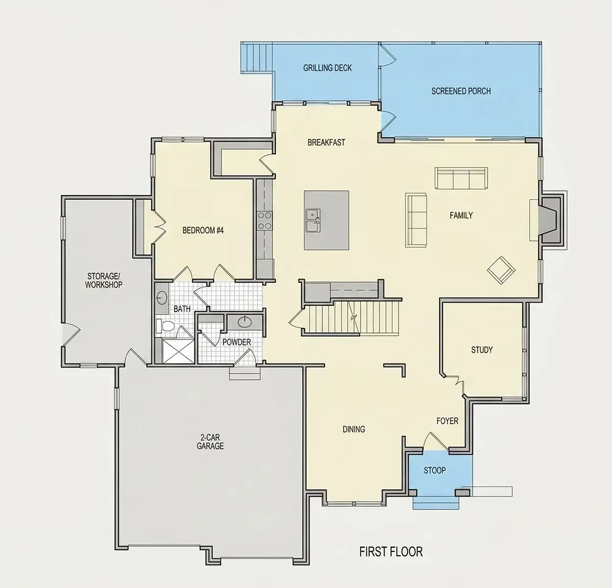 Parter 12 – Proiect de casa cu etaj 334 m²: 4 Dormitoare, Birou, 5 Bai, Bucatarie deschisa, Garaj — 74831R